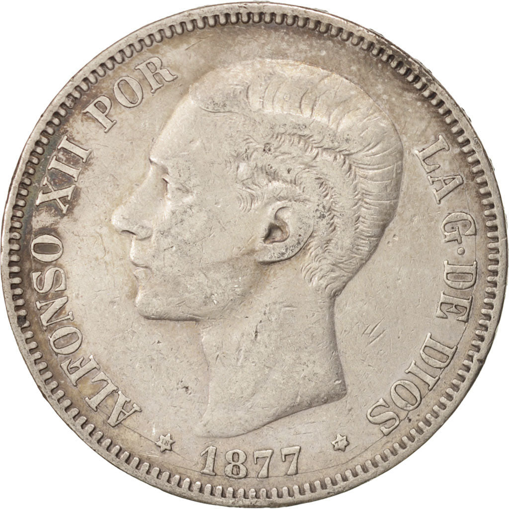 Spain, Alfonso XII, 5 Pesetas, 1877, Madrid, EF(40-45), Silver, KM:676