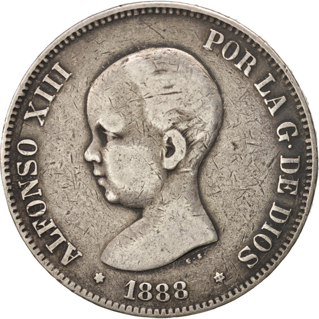 Spain, Alfonso XIII, 5 Pesetas, 1888, Madrid, VF(30-35), Silver, KM:689