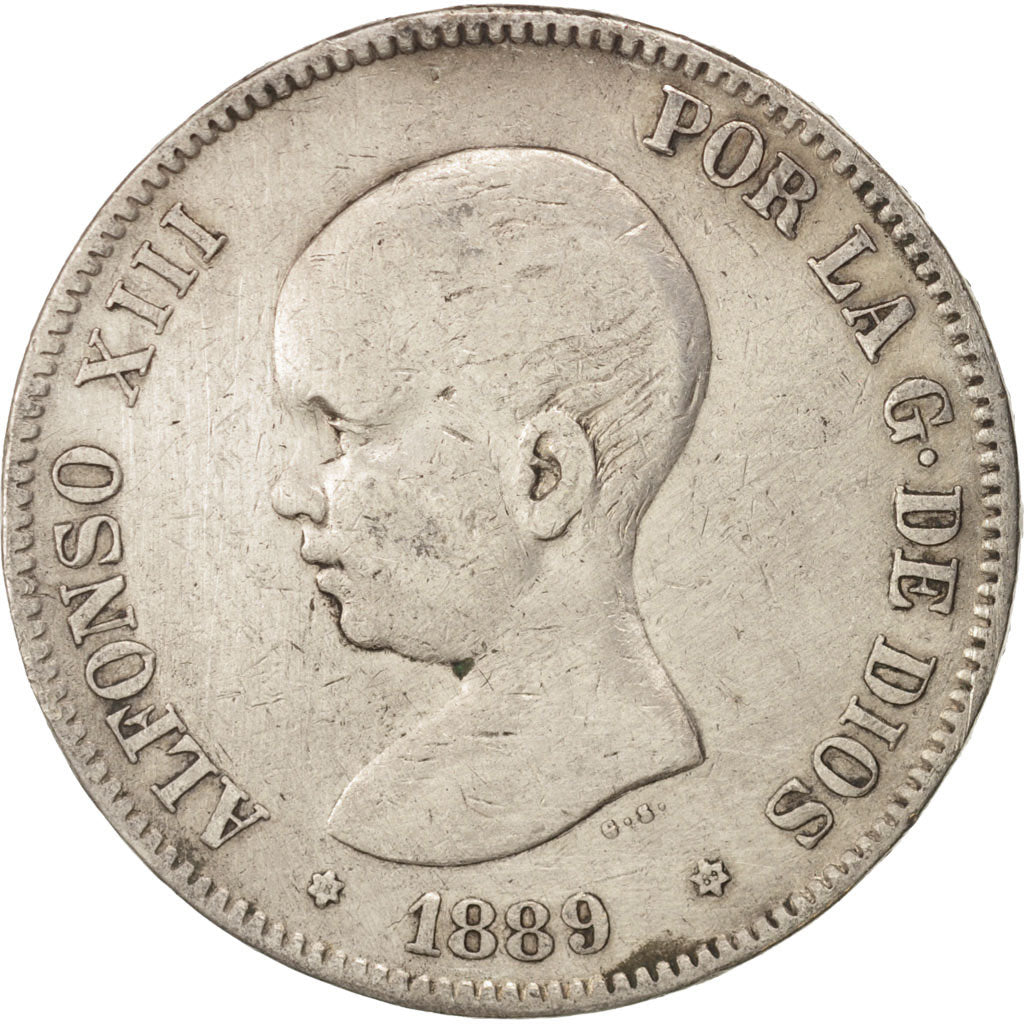 Moneda, España, Alfonso XIII, 5 Pesetas, 1889, Madrid, BC+, Plata, KM:689