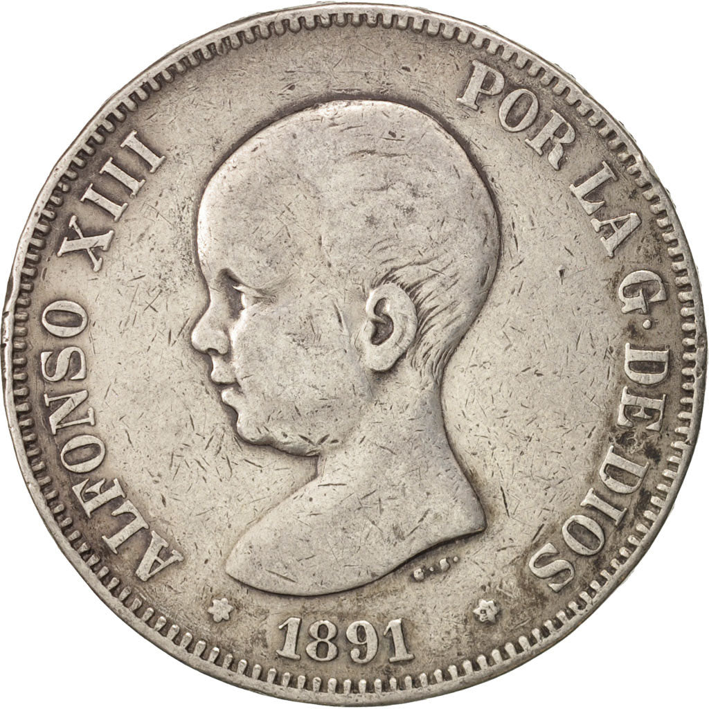 Moneda, España, Alfonso XIII, 5 Pesetas, 1891, Madrid, BC+, Plata, KM:689