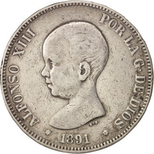 Moneda, España, Alfonso XIII, 5 Pesetas, 1891, Madrid, BC+, Plata, KM:689