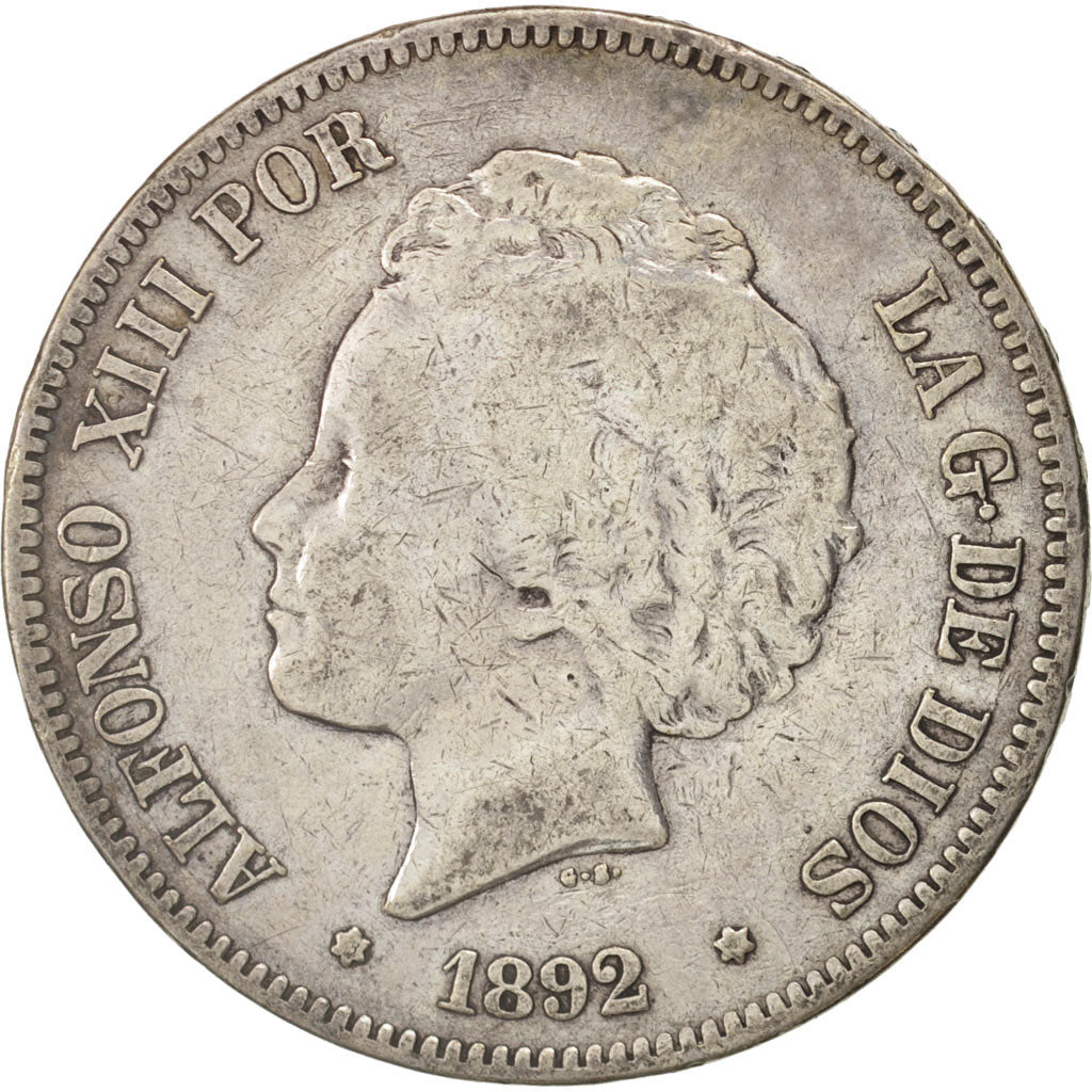 Spanien, Alfonso XIII, 5 Pesetas, 1892, Madrid, S+, Silber, KM:700