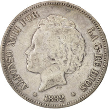 Spanien, Alfonso XIII, 5 Pesetas, 1892, Madrid, S+, Silber, KM:700