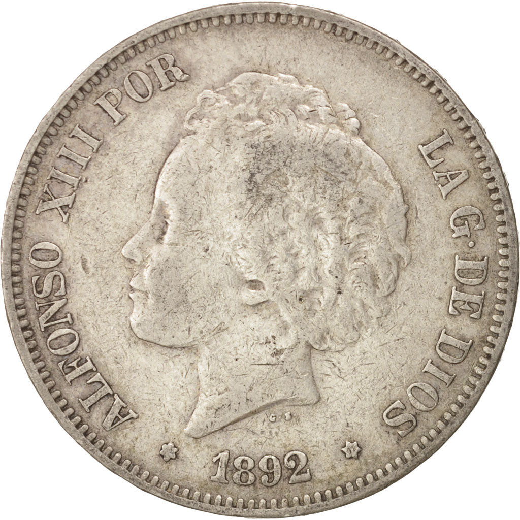 Moneta, Spagna, Alfonso XIII, 5 Pesetas, 1892, Madrid, BB, Argento, KM:700