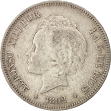 Moneta, Spagna, Alfonso XIII, 5 Pesetas, 1892, Madrid, BB, Argento, KM:700