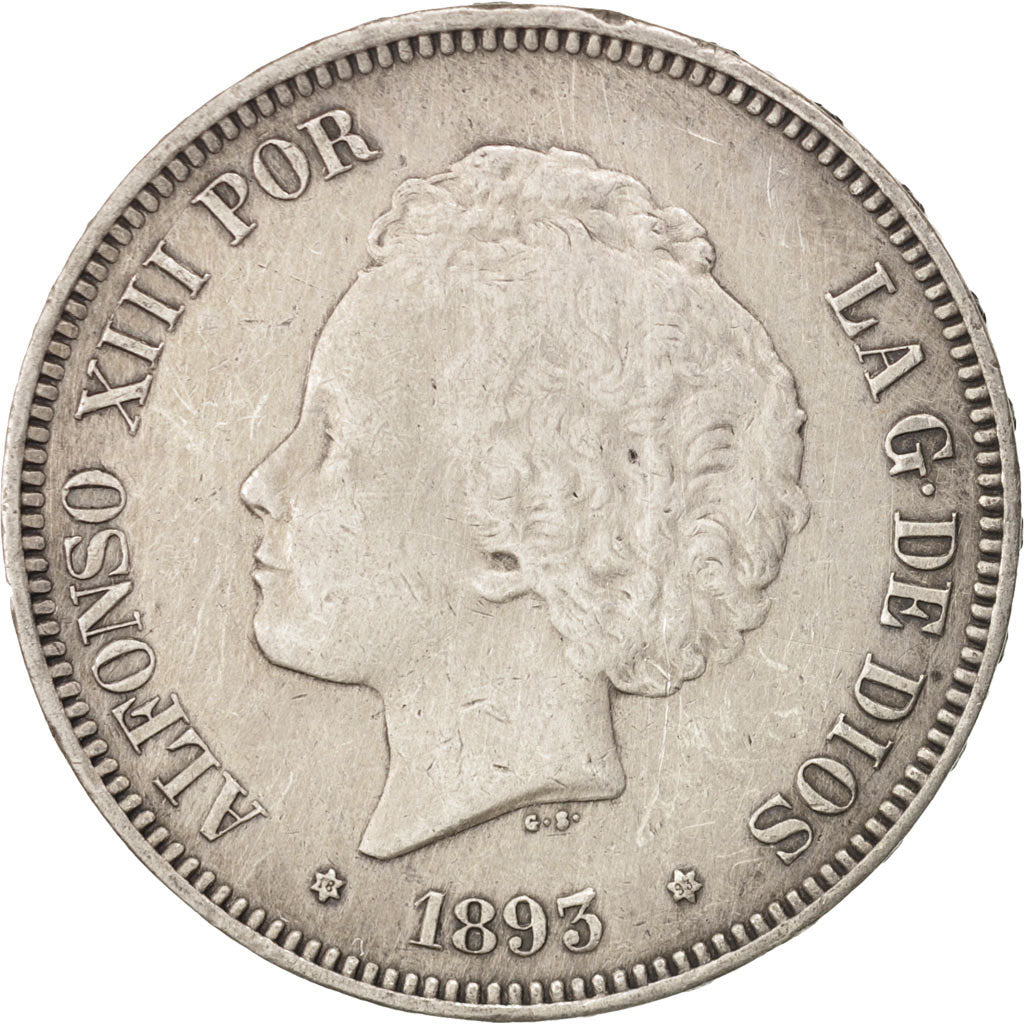 Coin, Spain, Alfonso XIII, 5 Pesetas, 1893, EF(40-45), Silver, KM:700