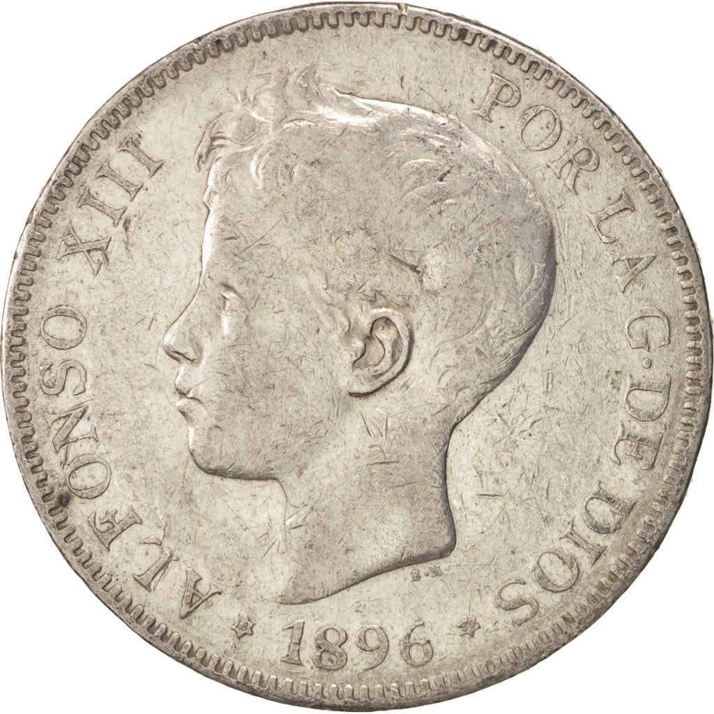 Spain, Alfonso XIII, 5 Pesetas, 1896, Valencia, VF(30-35), Silver, KM:707