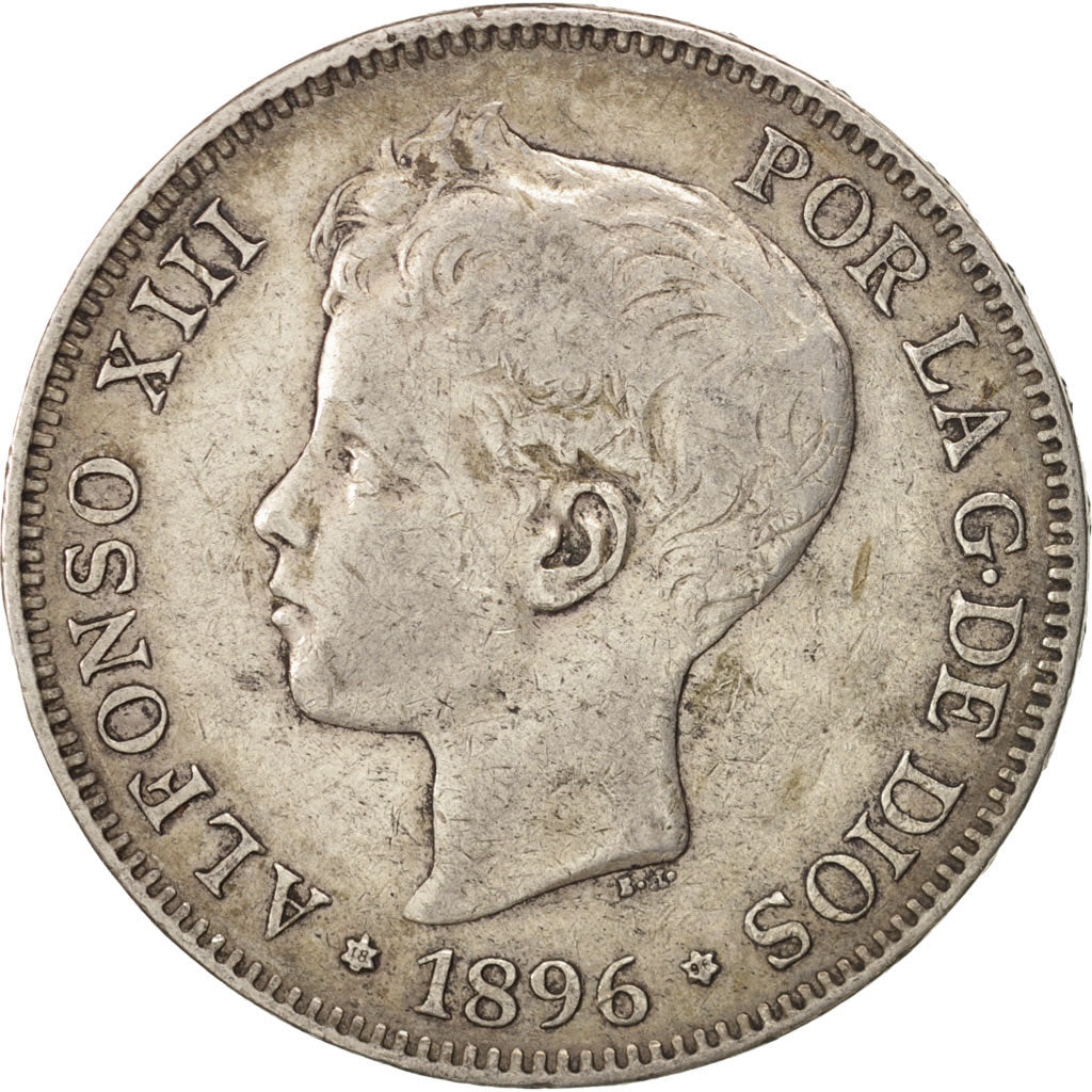 Spain, Alfonso XIII, 5 Pesetas, 1896, Valencia, EF(40-45), Silver, KM:707
