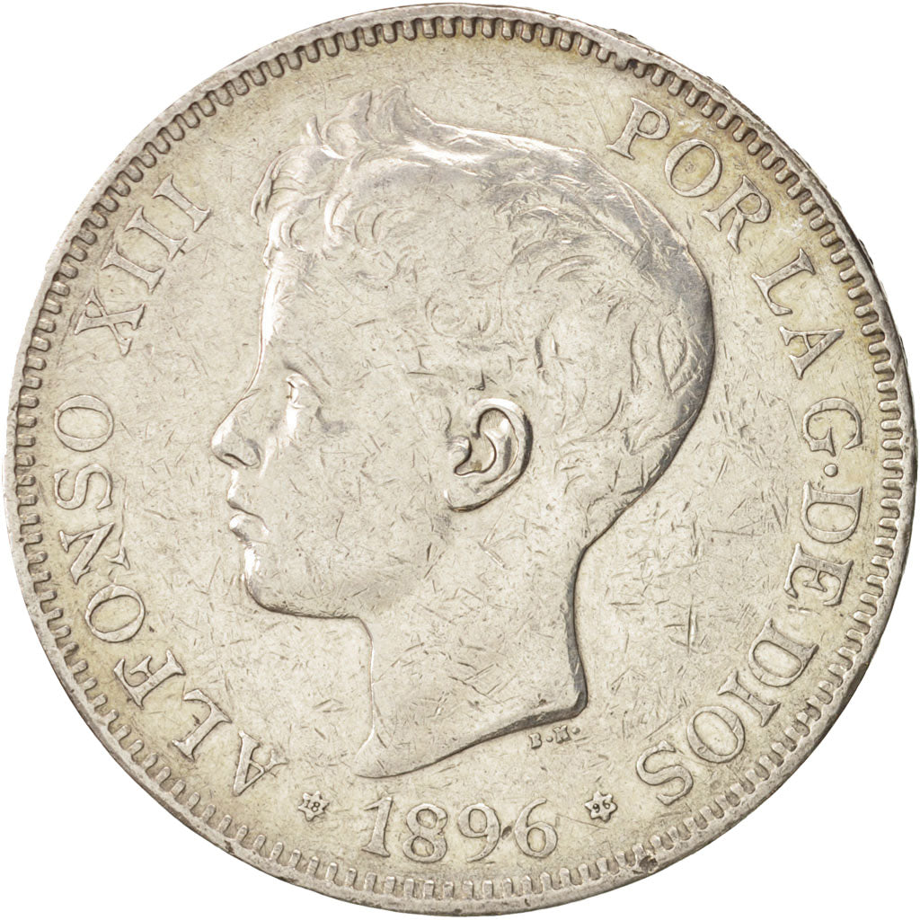 Spain, Alfonso XIII, 5 Pesetas, 1896, Valencia, EF(40-45), Silver, KM:707