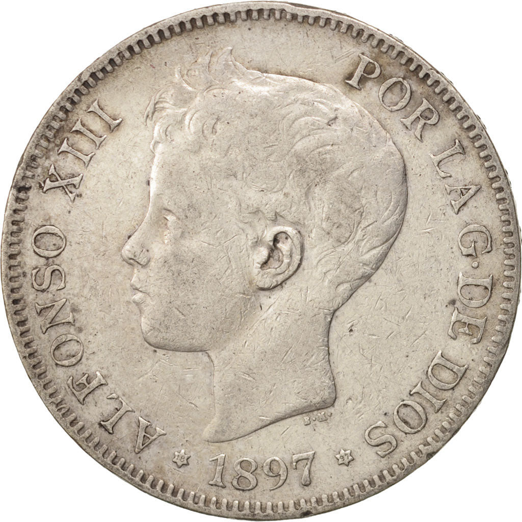 Coin, Spain, Alfonso XIII, 5 Pesetas, 1897, Valencia, EF(40-45), Silver, KM:707