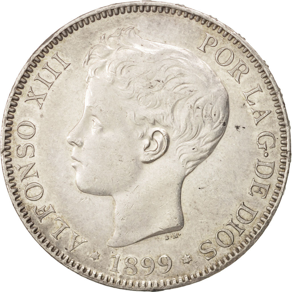 Spain, Alfonso XIII, 5 Pesetas, 1899, Valencia, AU(55-58), Silver, KM:707