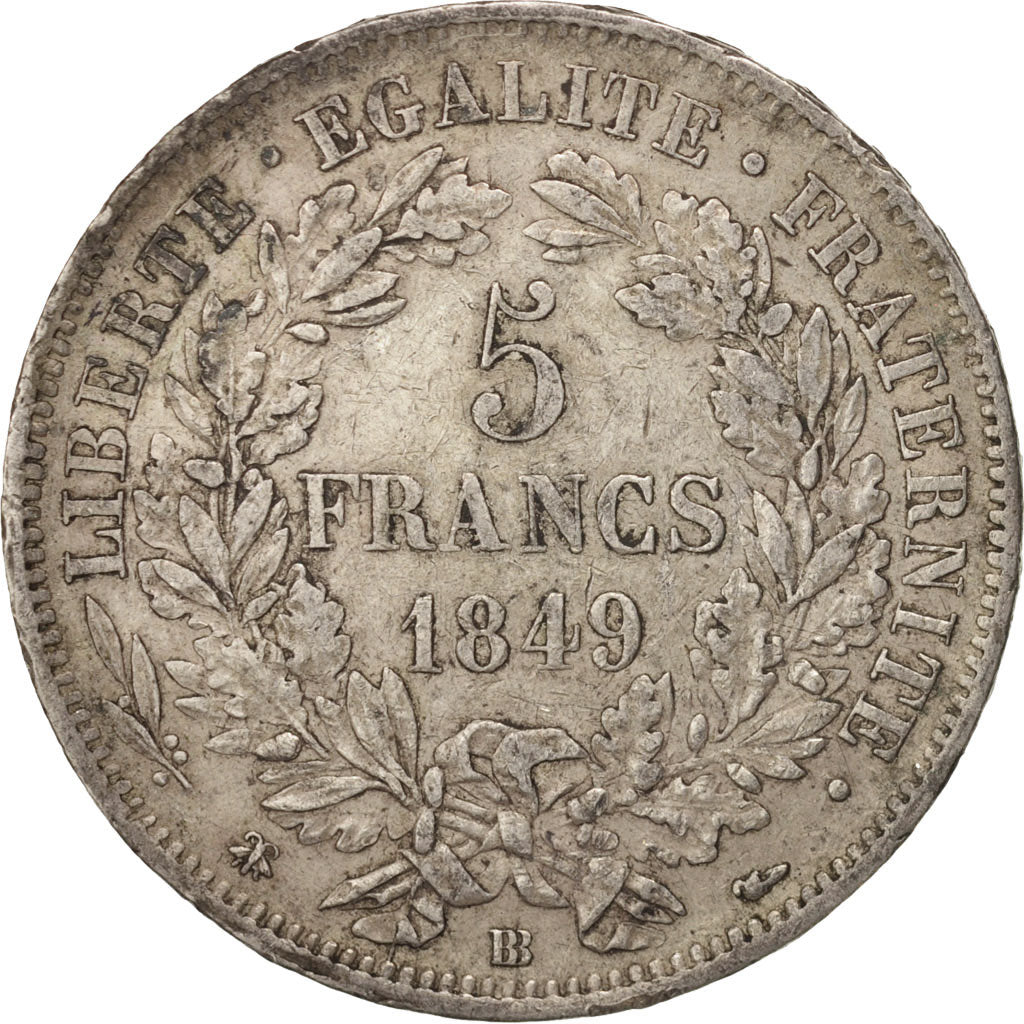 Moneda, Francia, Cérès, 5 Francs, 1849, Strasbourg, MBC, Plata, KM:761.2