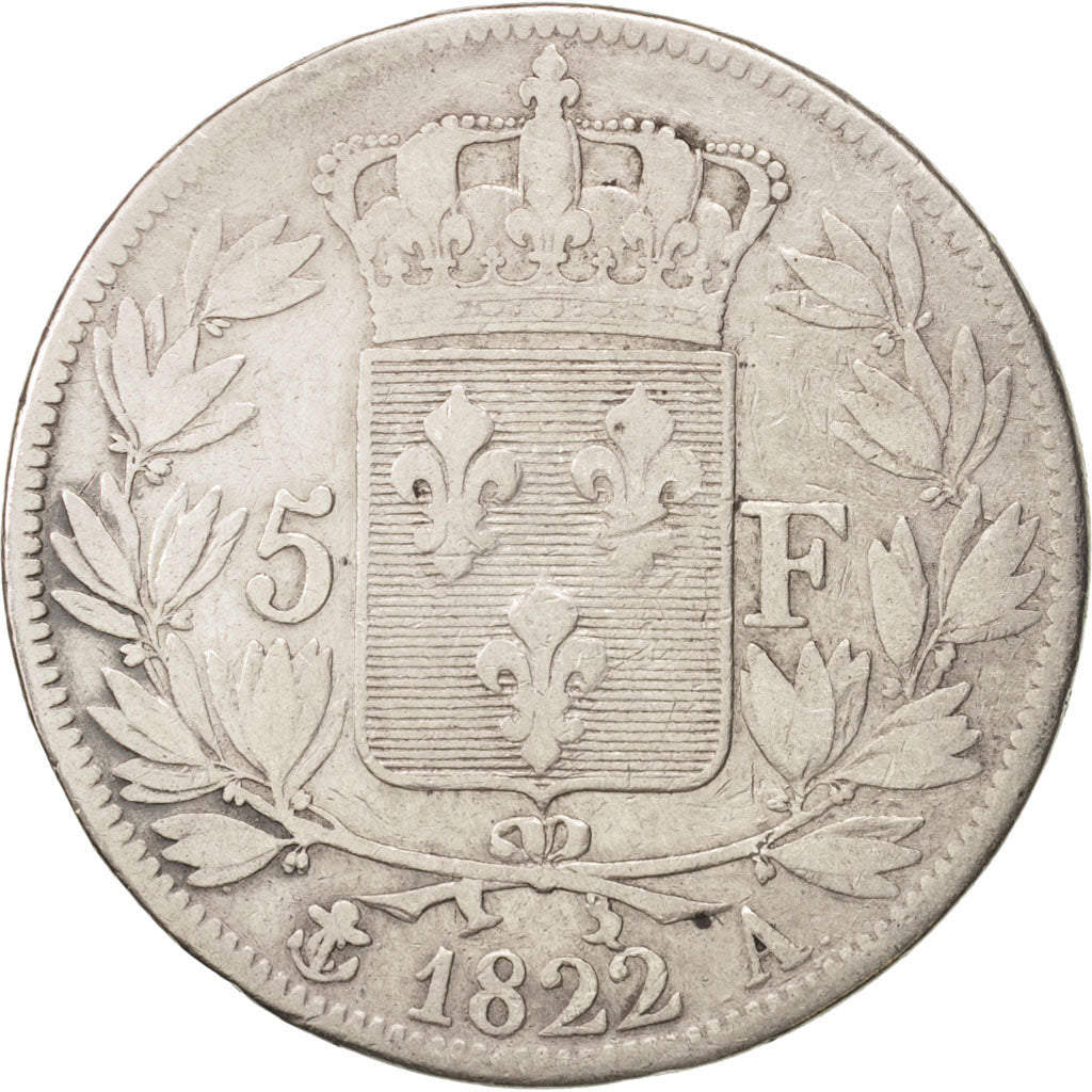 France, Louis XVIII, 5 Francs, 1822, Paris, VF(20-25), Silver, KM 711.1