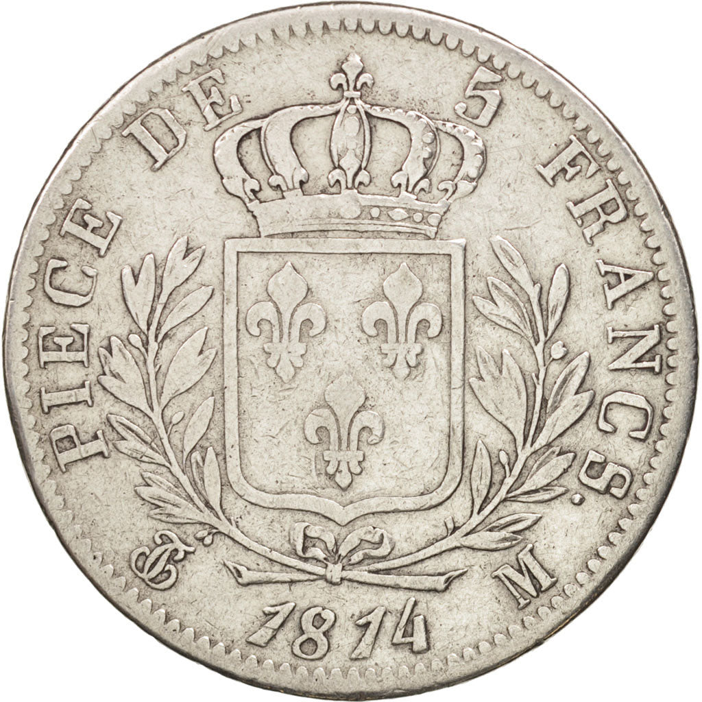 France, Louis XVIII, 5 Francs, 1814, Toulouse,VF(20-25),Silver,KM 702.9