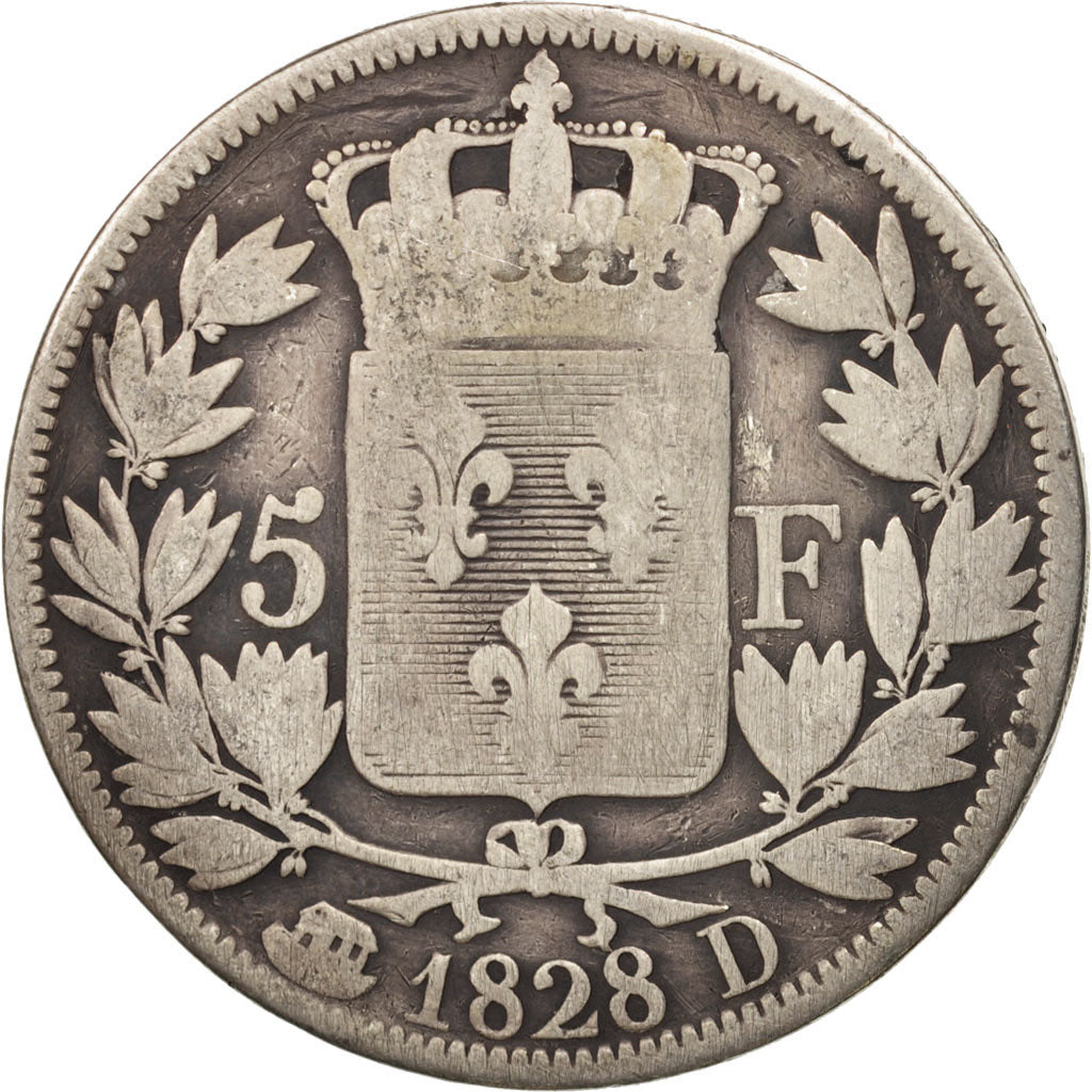 Coin, France, Charles X, 5 Francs, 1828, Lyon, VF(20-25), Silver, KM:728.4