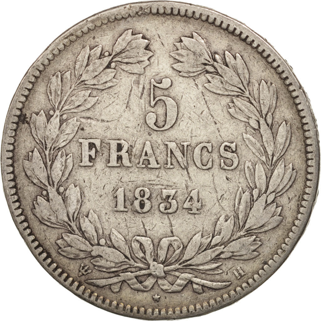 Moneda, Francia, Louis-Philippe, 5 Francs, 1834, La Rochelle, BC+, Plata