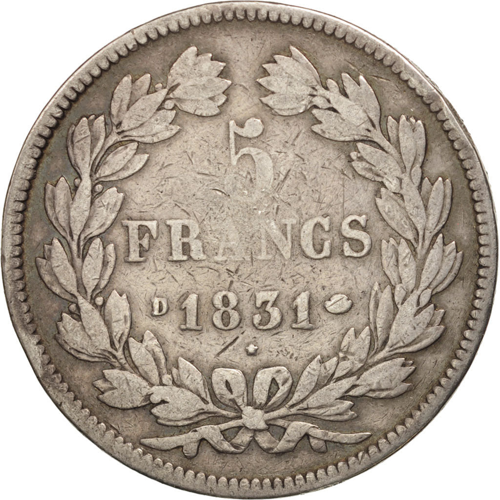 Moneta, Francia, Louis-Philippe, 5 Francs, 1831, Lyon, MB+, Argento, KM:744.2