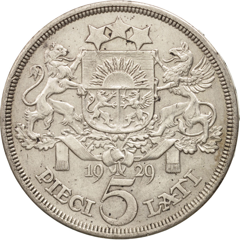 Latvia, 5 Lati, 1929, AU(50-53), Silver, KM:9