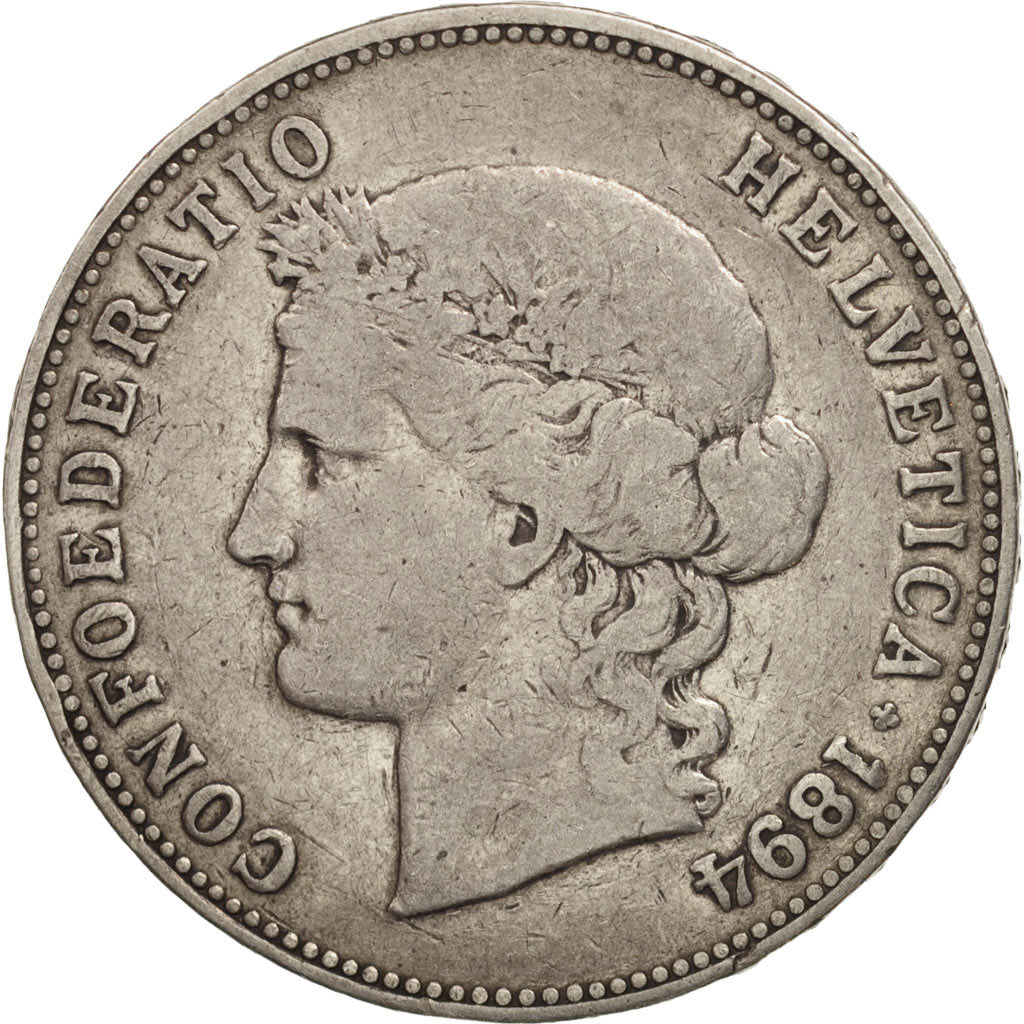 Switzerland, 5 Francs, 1894, Bern, VF(30-35), Silver, KM:34