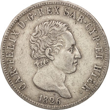 SARDINIA, Carlo Felice, 5 Lire, 1826, Genoa, MB+, Argento, KM 116.2