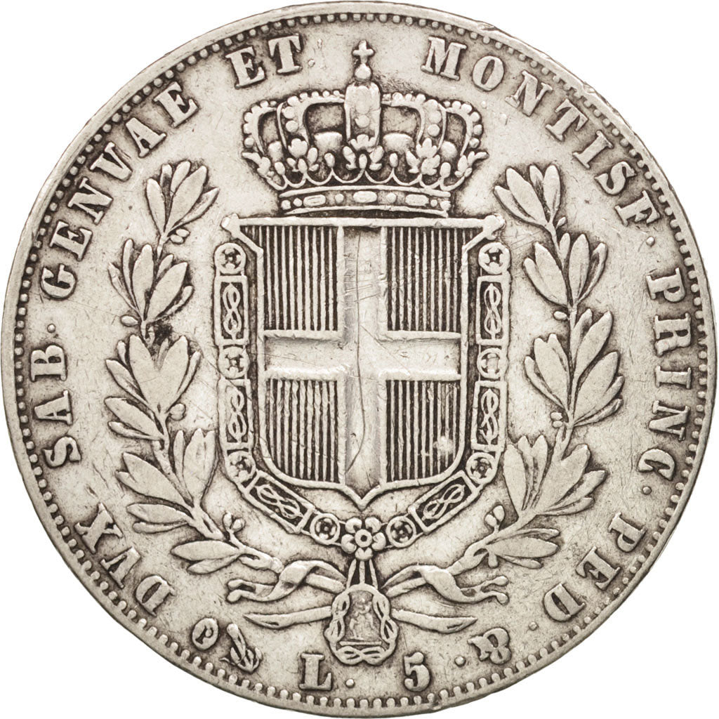 SARDINIA, Carlo Alberto, 5 Lire, 1844, Genoa, MB+, Argento,KM 130.2