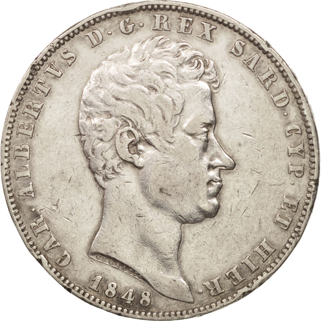 SARDINIA, Carlo Alberto, 5 Lire, 1848, Genoa, EF(40-45), Silver,KM 130.2