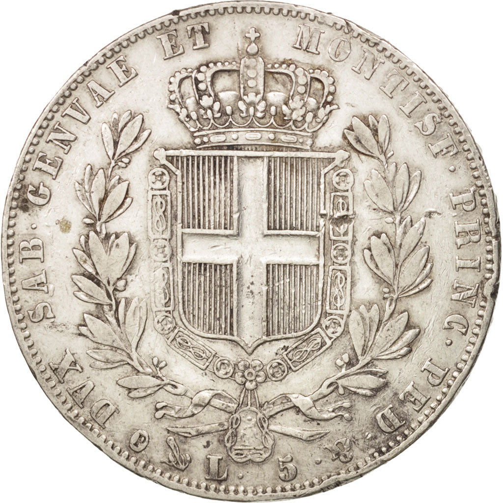 SARDINIA, Carlo Alberto, 5 Lire, 1848, Genoa, EF(40-45), Silver,KM 130.2