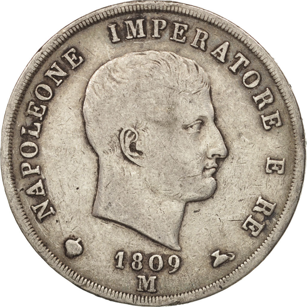 KINGDOM OF NAPOLEON, 5 Lire, 1809, Milan, S+, Silber, KM:10.4