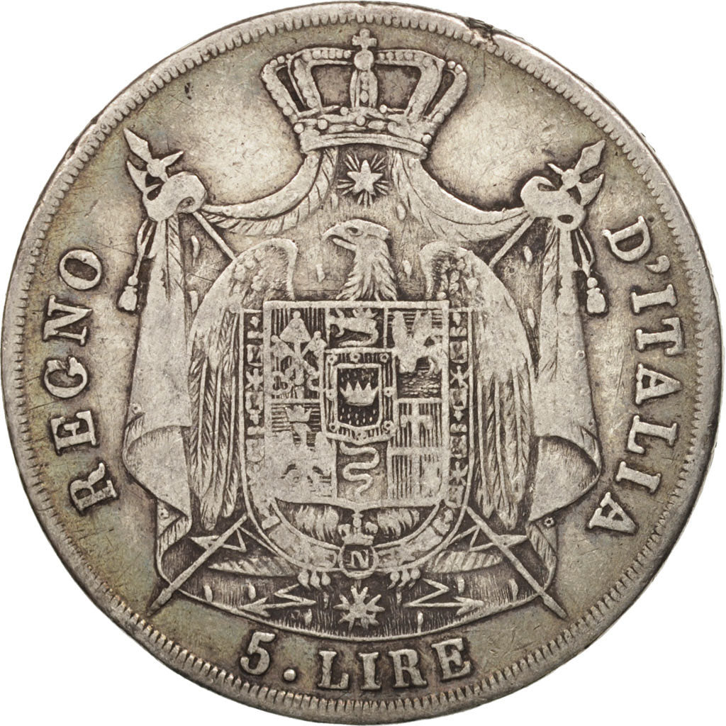 KINGDOM OF NAPOLEON, 5 Lire, 1809, Milan, S+, Silber, KM:10.4