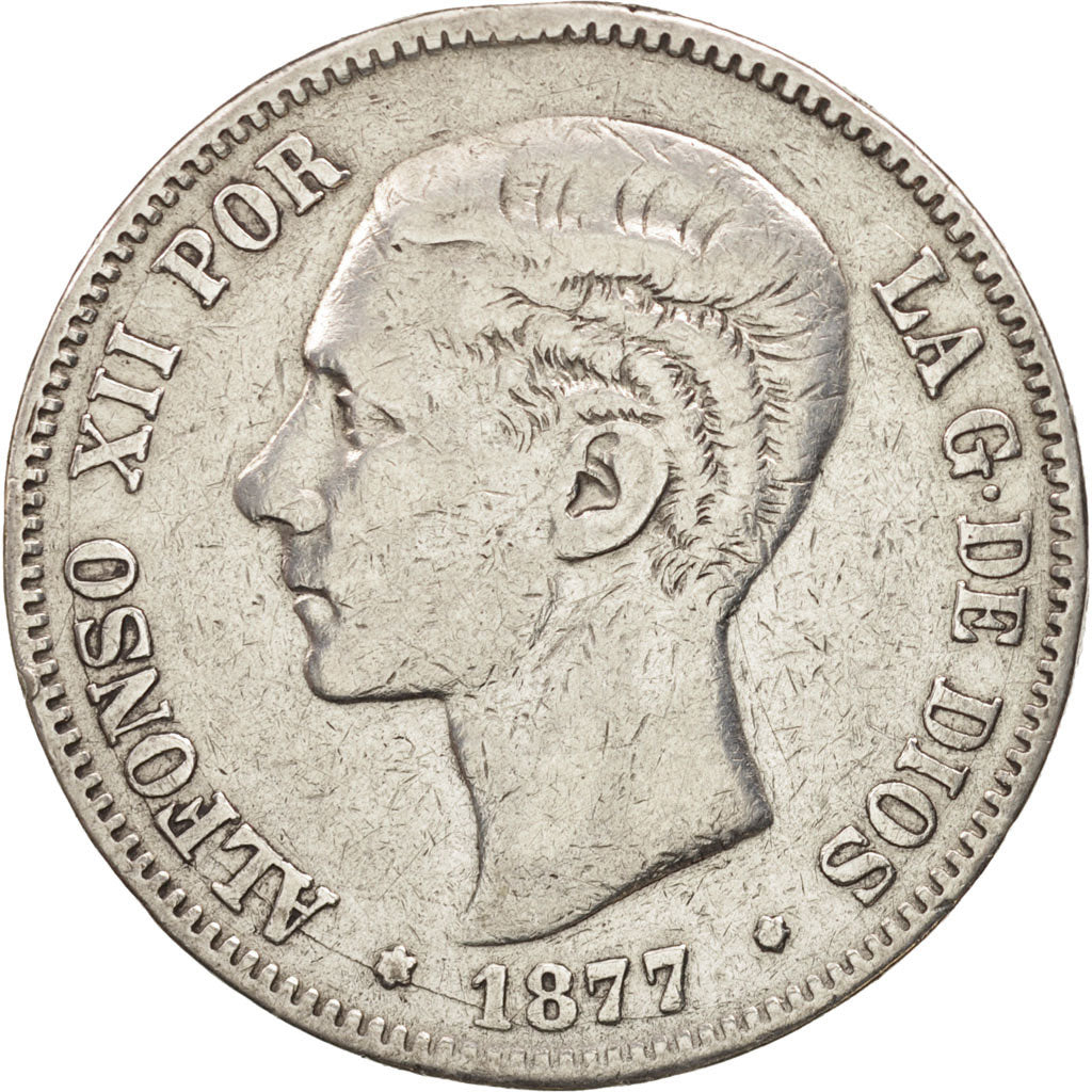 Spain, Alfonso XII, 5 Pesetas, 1877, Madrid, EF(40-45), Silver, KM:676
