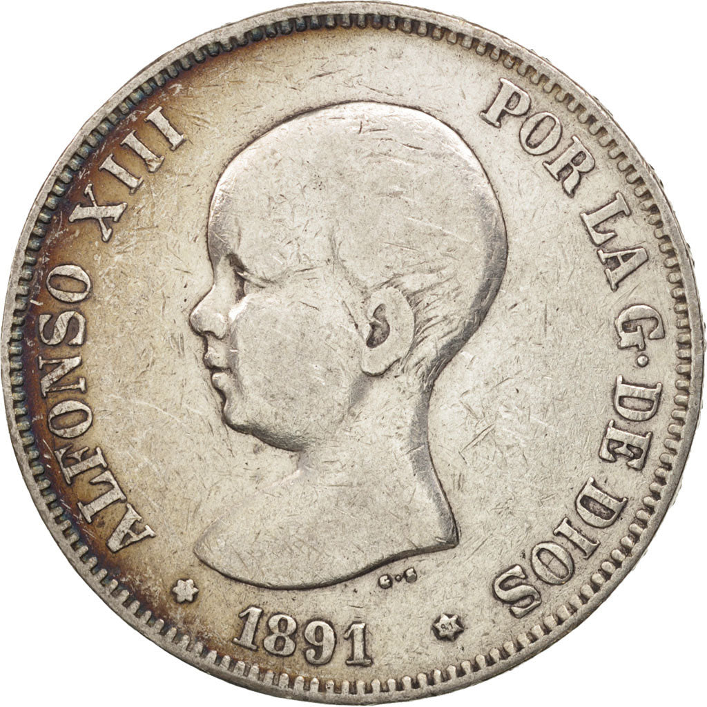 Spain, Alfonso XIII, 5 Pesetas, 1891, Madrid, VF(30-35), Silver, KM:689