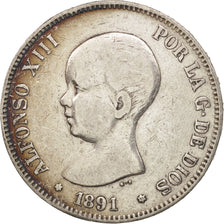 Spain, Alfonso XIII, 5 Pesetas, 1891, Madrid, VF(30-35), Silver, KM:689