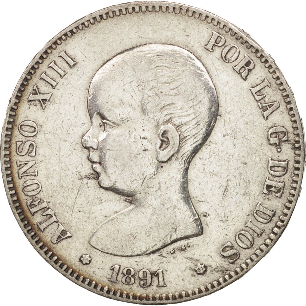 Spain, Alfonso XIII, 5 Pesetas, 1891, Madrid, VF(30-35), Silver, KM:689
