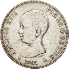 Spain, Alfonso XIII, 5 Pesetas, 1891, Madrid, VF(30-35), Silver, KM:689