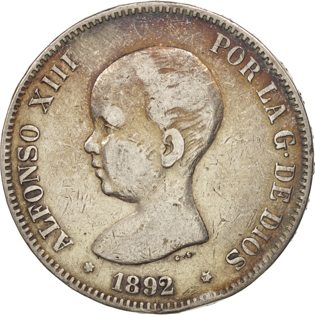 Spain, Alfonso XIII, 5 Pesetas, 1892, Madrid, VF(30-35), Silver, KM:689