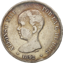 Spain, Alfonso XIII, 5 Pesetas, 1892, Madrid, VF(30-35), Silver, KM:689