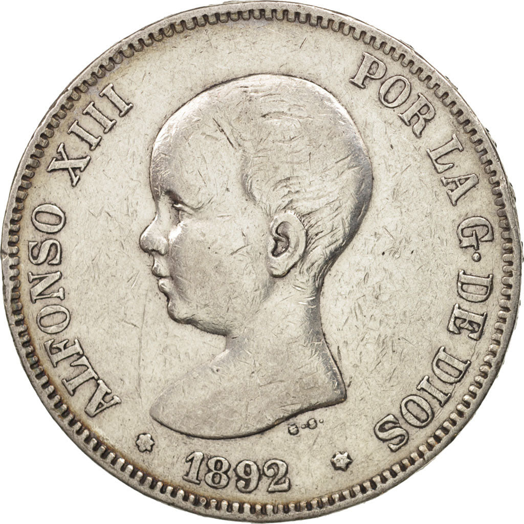 Spain, Alfonso XIII, 5 Pesetas, 1892, Madrid, VF(30-35), Silver, KM:689