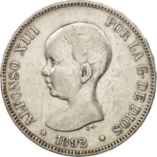 Spain, Alfonso XIII, 5 Pesetas, 1892, Madrid, VF(30-35), Silver, KM:689