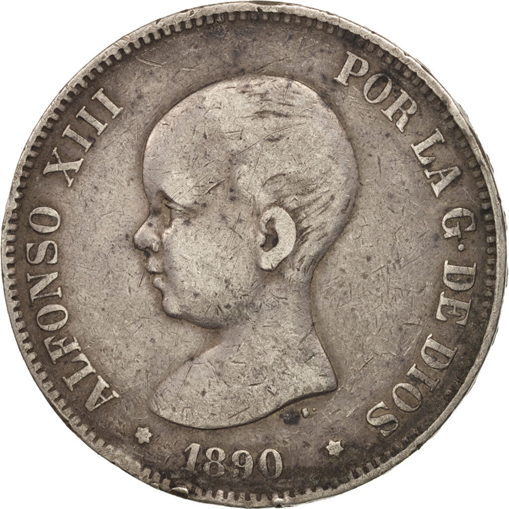 Spain, Alfonso XIII, 5 Pesetas, 1890, Madrid, VF(30-35), Silver, KM:689