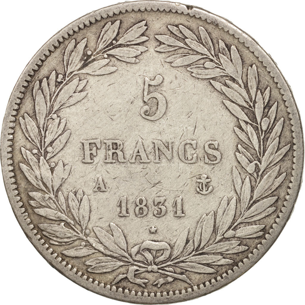 Moneda, Francia, Louis-Philippe, 5 Francs, 1831, Paris, BC+, Plata, KM:736.1