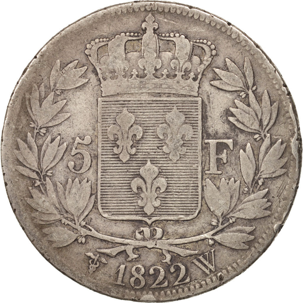 France, Louis XVIII,5 Francs, 1822, Lille, F(12-15), Silver,KM 711.13