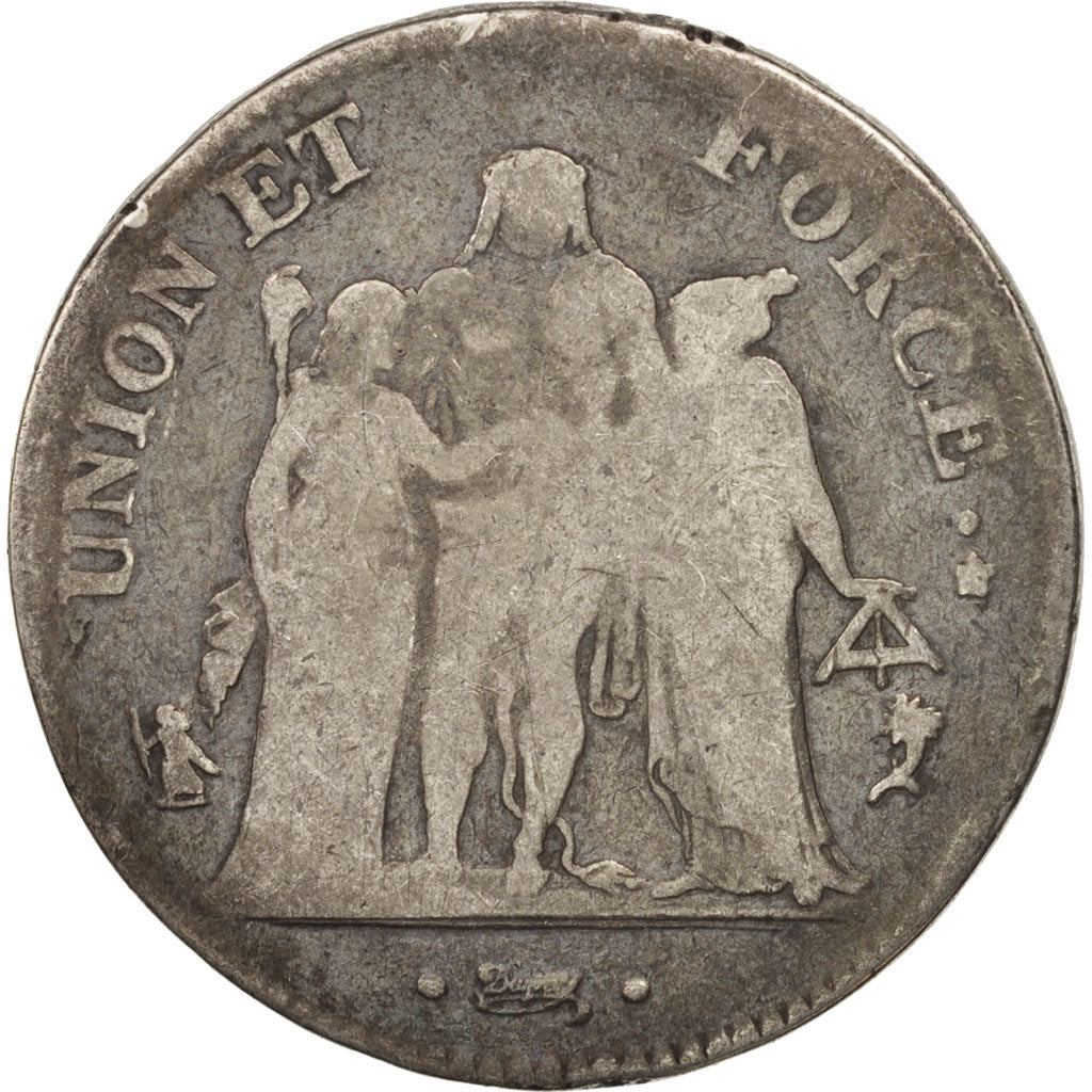 France, Union et Force, 5 Francs, 1796, Paris, VF(20-25), Silver, KM:639.1