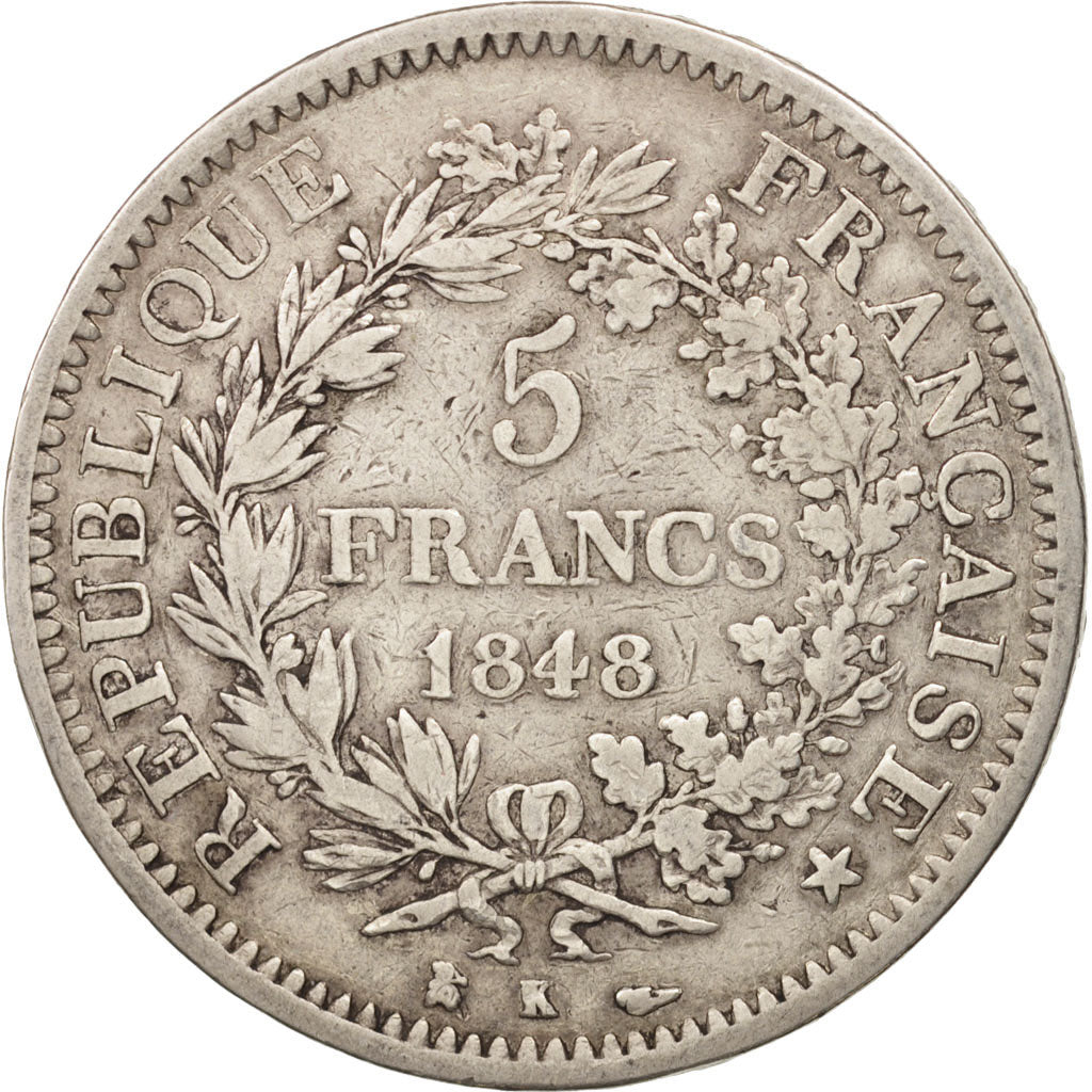 Moneta, Francia, Hercule, 5 Francs, 1848, Bordeaux, MB+, Argento, KM:756.4