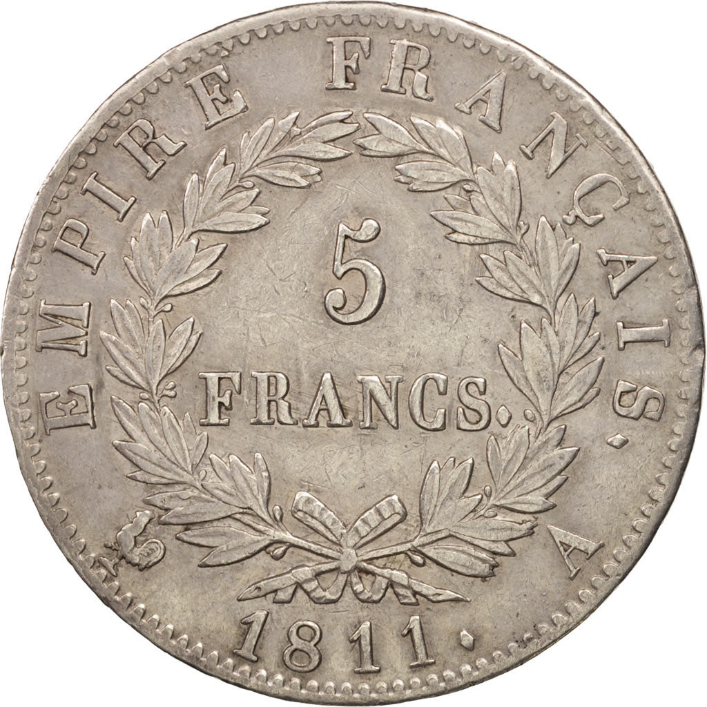 France, 5 Francs, 1811, Paris, EF(40-45), Silver, KM:694.1, Gadoury:584
