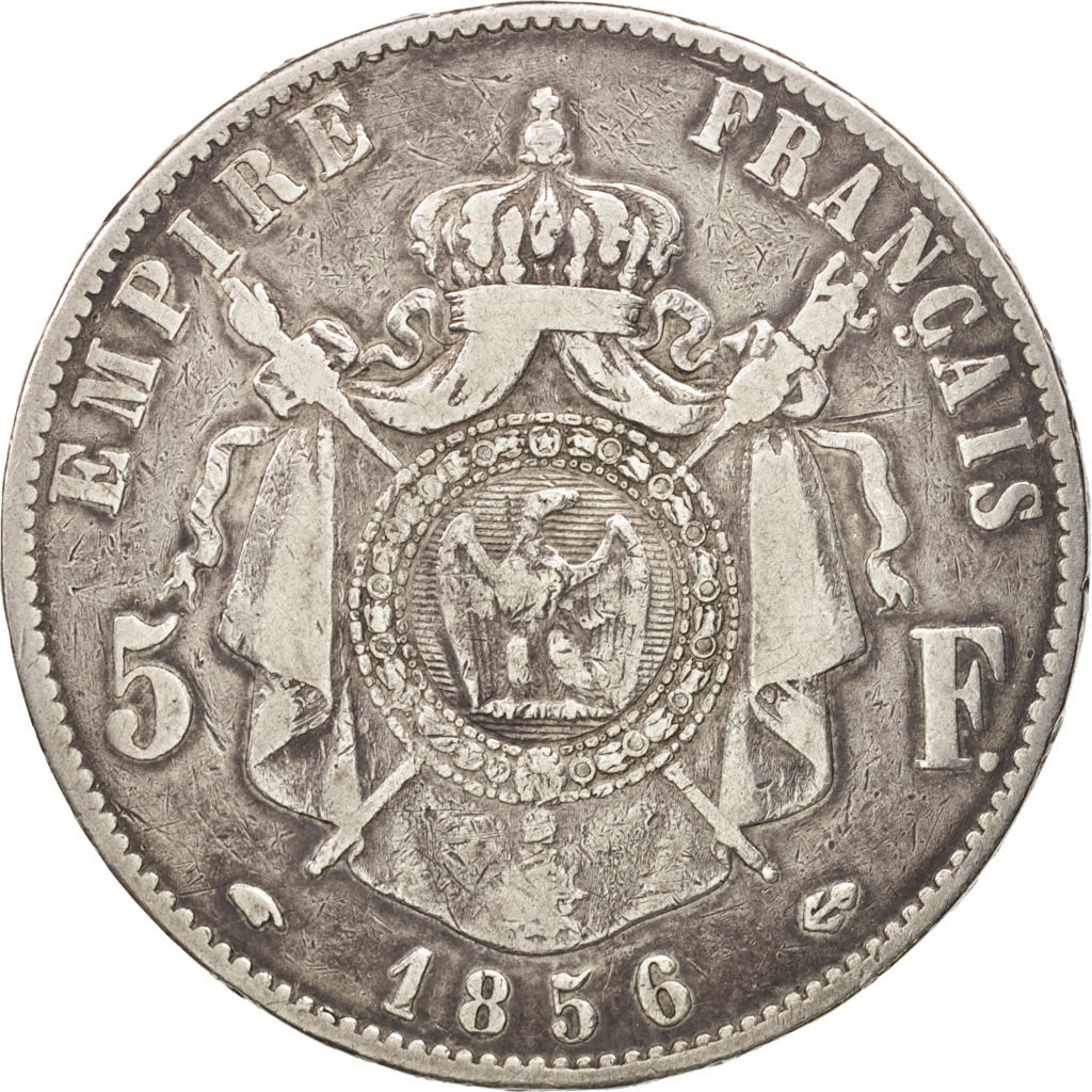 Moneda, Francia, Napoleon III, Napoléon III, 5 Francs, 1856, Paris, BC+, Plata