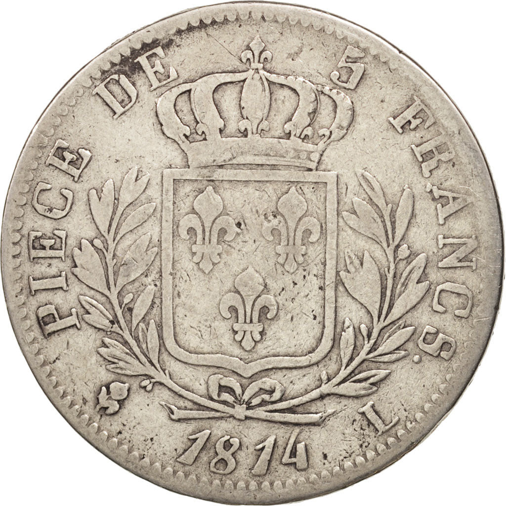 France,Louis XVIII,5 Francs,1814,Bayonne,TB,Argent,KM:702.8,Gad 591