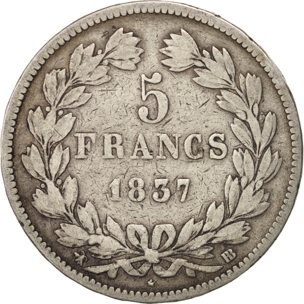 Moneda, Francia, Louis-Philippe, 5 Francs, 1837, Strasbourg, BC+, Plata