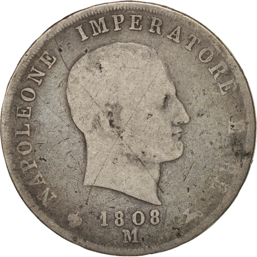 ITALIAN STATES, 5 Lire, 1808, Milan, VG(8-10), Silver, KM 10.7