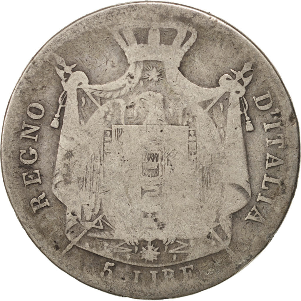 ITALIAN STATES, 5 Lire, 1808, Milan, VG(8-10), Silver, KM 10.7