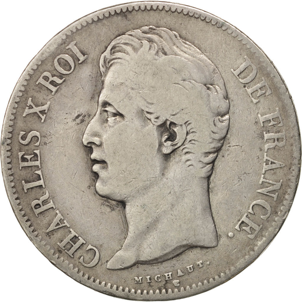 Francia, Charles X, 5 Francs, 1827, Paris, BC, Plata, KM:728.1, Gadoury:644